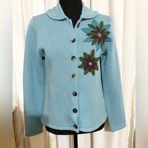 Boden Blue Embroidered Cardigan 100% Wool Sweater Vintage Granny Core Size 12